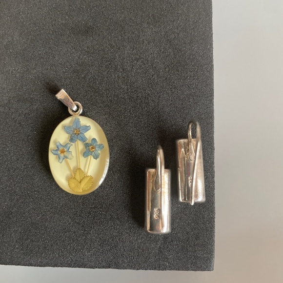Vintage Sterling Silver Forget-Me-Not Jewelry Set 925 Pressed Flower Pendant Set - Picture 4 of 7